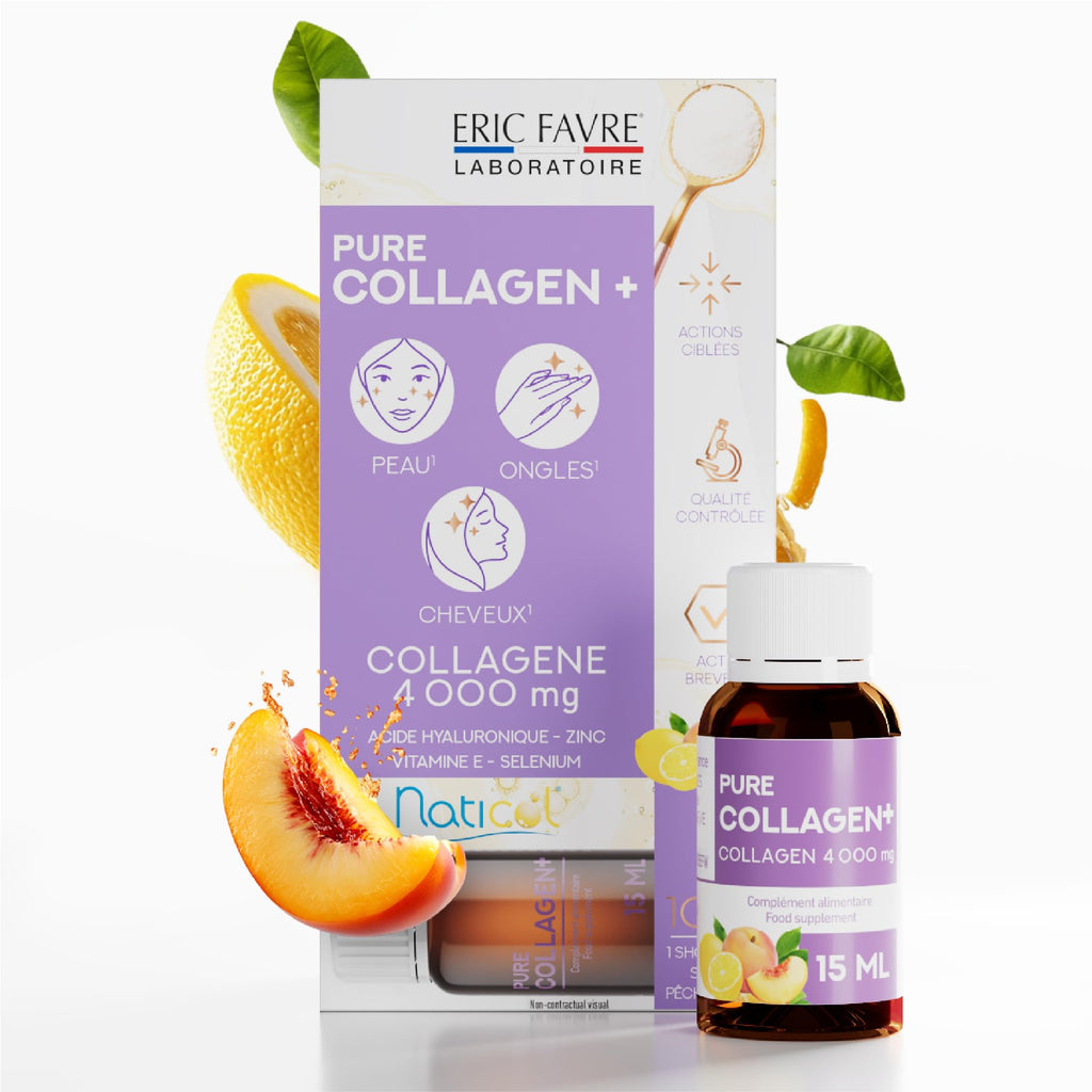 ERIC FAVRE Pure Collagen+ Liquid Collagen for Women – 4000mg Marine Peptides for Radiant Skin, Hair & Nail Health – Hyaluronic Acid, Vitamin E – 10 Shots, Peach Lemon Flavor - Maple Wellness Supplements
