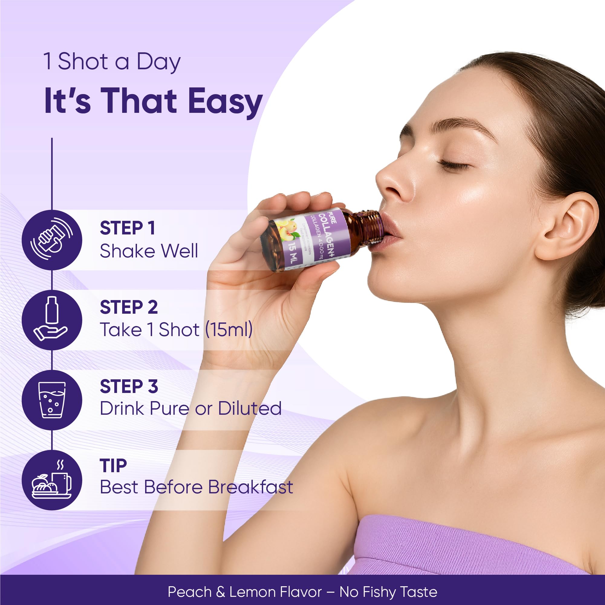 ERIC FAVRE Pure Collagen+ Liquid Collagen for Women – 4000mg Marine Peptides for Radiant Skin, Hair & Nail Health – Hyaluronic Acid, Vitamin E – 10 Shots, Peach Lemon Flavor - Maple Wellness Supplements
