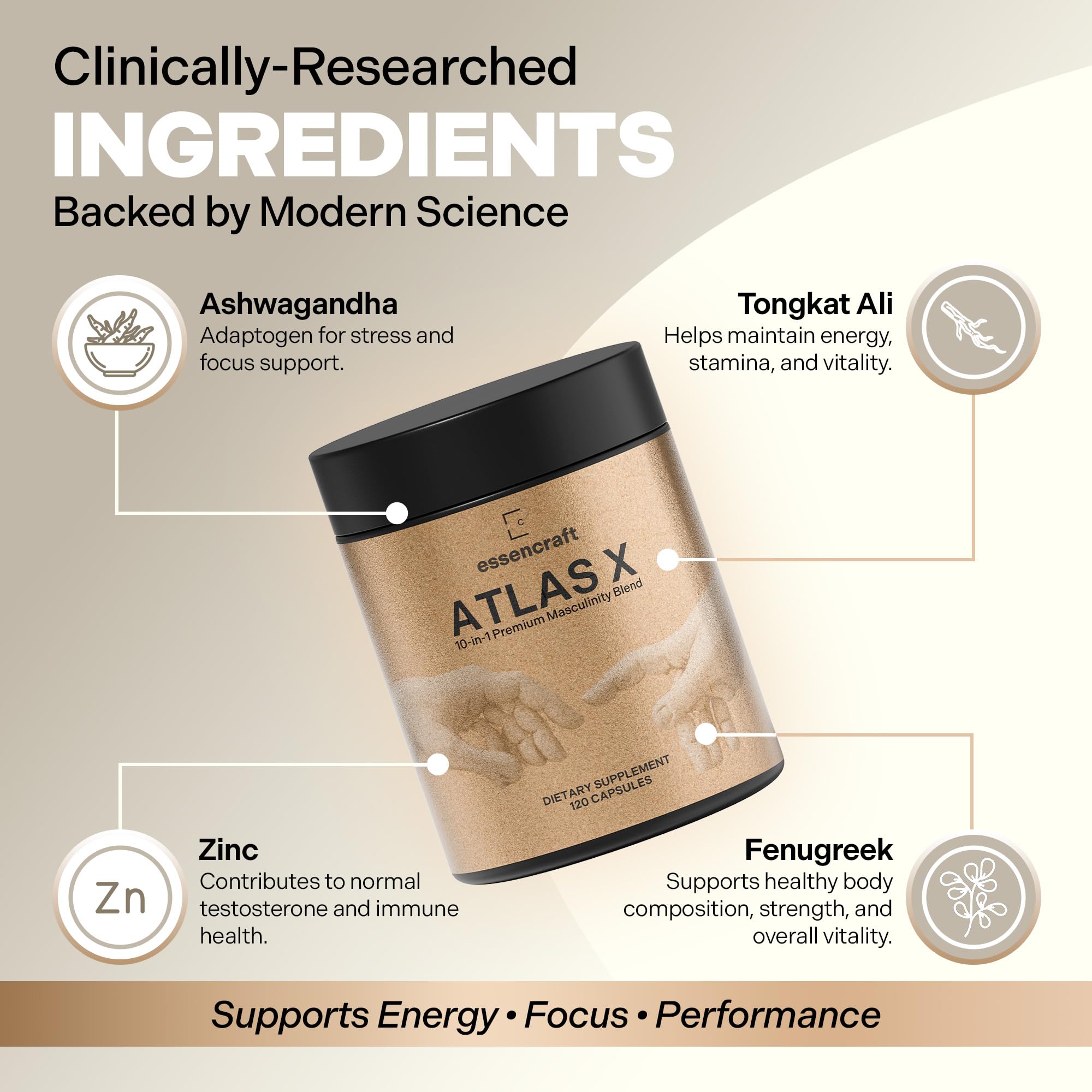 Essencraft Atlas X Testosterone Supplement for Men – 10-in-1 Natural Testosterone Booster & Muscle Booster w/Shilajit, Zinc, Tongkat Ali, & More (120 Capsules) - TrustMedUSA