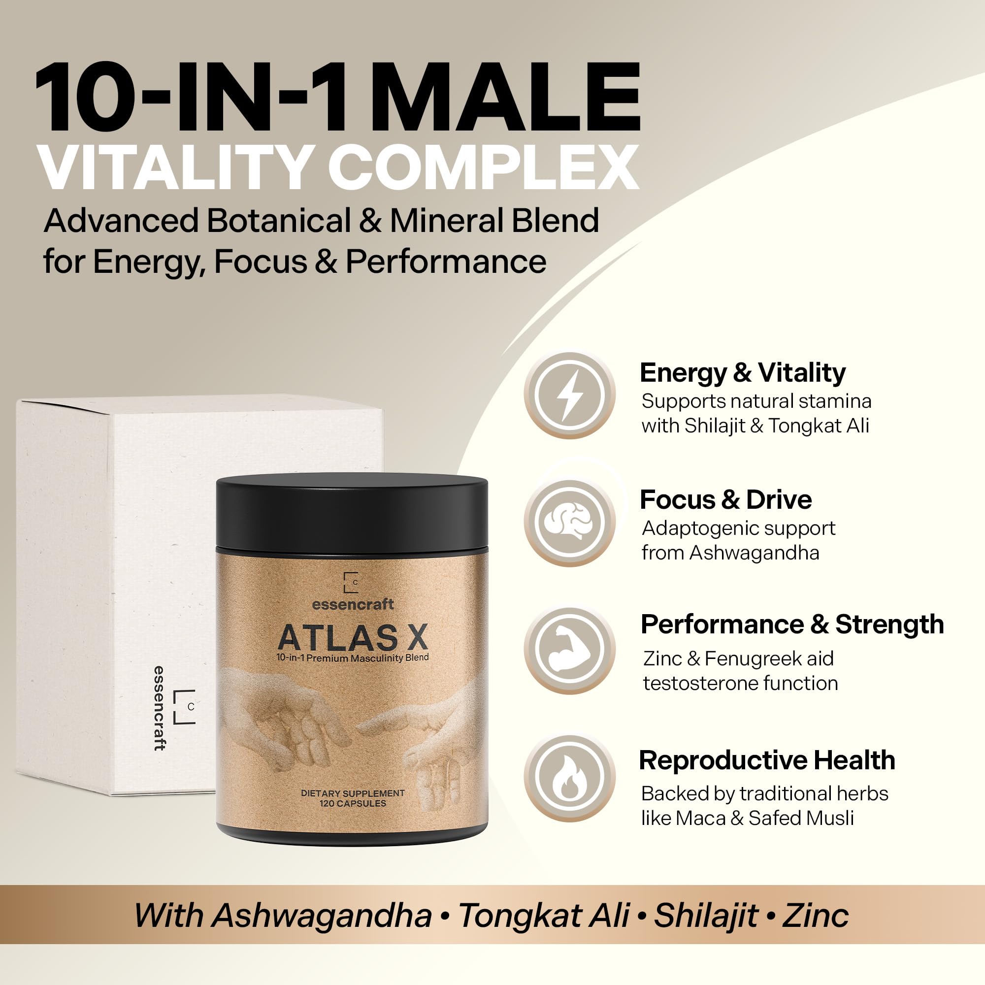 Essencraft Atlas X Testosterone Supplement for Men – 10-in-1 Natural Testosterone Booster & Muscle Booster w/Shilajit, Zinc, Tongkat Ali, & More (120 Capsules) - TrustMedUSA