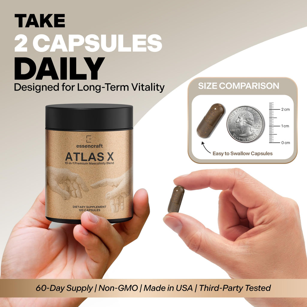 Essencraft Atlas X Testosterone Supplement for Men – 10-in-1 Natural Testosterone Booster & Muscle Booster w/Shilajit, Zinc, Tongkat Ali, & More (120 Capsules) - TrustMedUSA