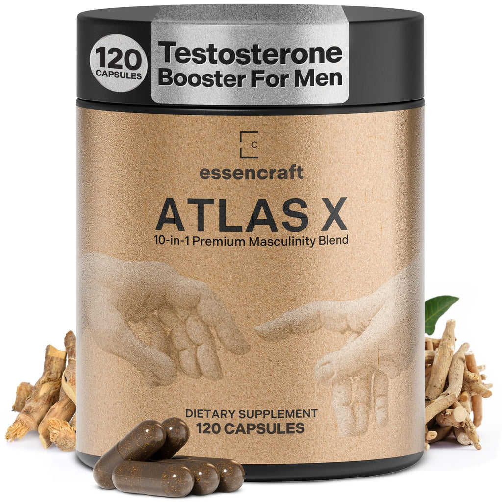 Essencraft Atlas X Testosterone Supplement for Men – 10-in-1 Natural Testosterone Booster & Muscle Booster w/Shilajit, Zinc, Tongkat Ali, & More (120 Capsules) - TrustMedUSA