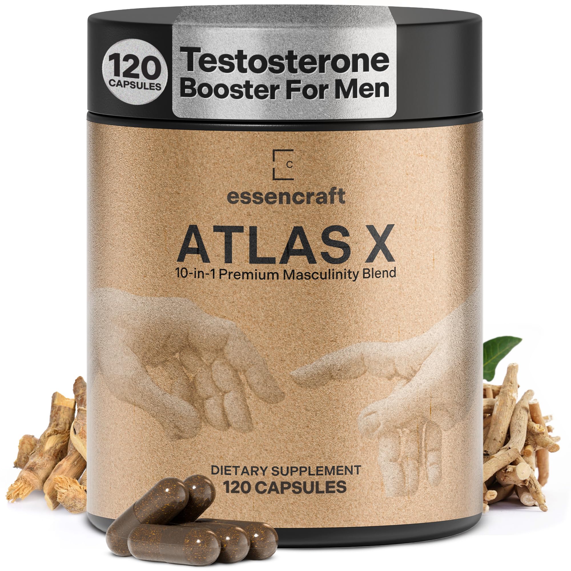 Essencraft Atlas X Testosterone Supplement for Men – 10-in-1 Natural Testosterone Booster & Muscle Booster w/Shilajit, Zinc, Tongkat Ali, & More (120 Capsules) - TrustMedUSA