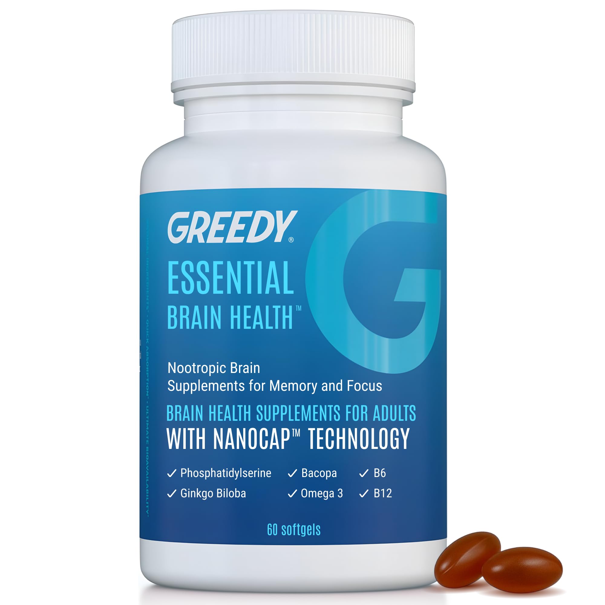 Essential Brain Health Supplements Nootropic for Memory and Focus – for Adults with NanoCap® Technology, Phosphatidylserine, Bacopa, Ginkgo Biloba, Omega 3, B6, B12, 60 Softgels by Greedy® Nutrition - TrustMedUSA