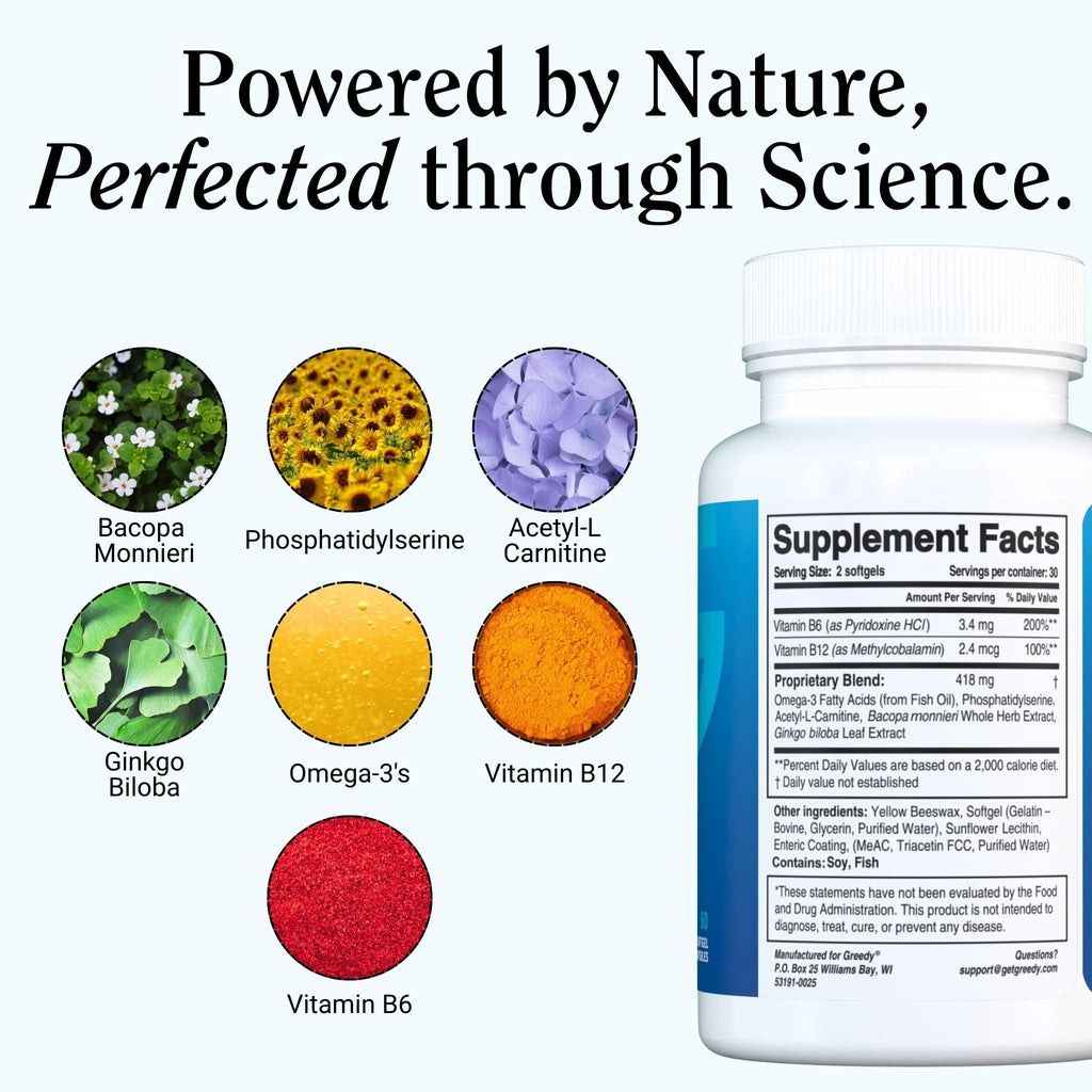 Essential Brain Health Supplements Nootropic for Memory and Focus – for Adults with NanoCap® Technology, Phosphatidylserine, Bacopa, Ginkgo Biloba, Omega 3, B6, B12, 60 Softgels by Greedy® Nutrition - TrustMedUSA