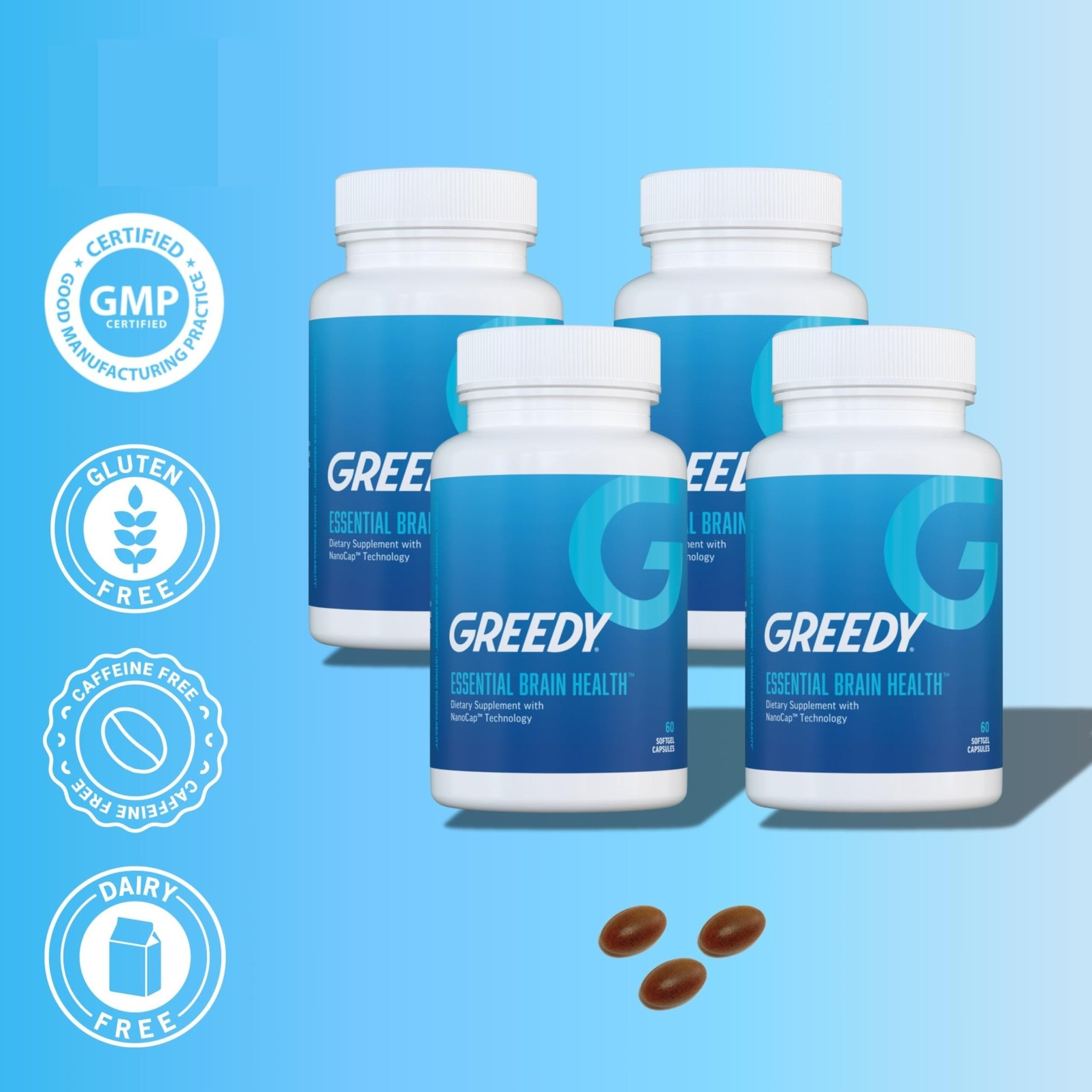 Essential Brain Health Supplements Nootropic for Memory and Focus – for Adults with NanoCap® Technology, Phosphatidylserine, Bacopa, Ginkgo Biloba, Omega 3, B6, B12, 60 Softgels by Greedy® Nutrition - TrustMedUSA