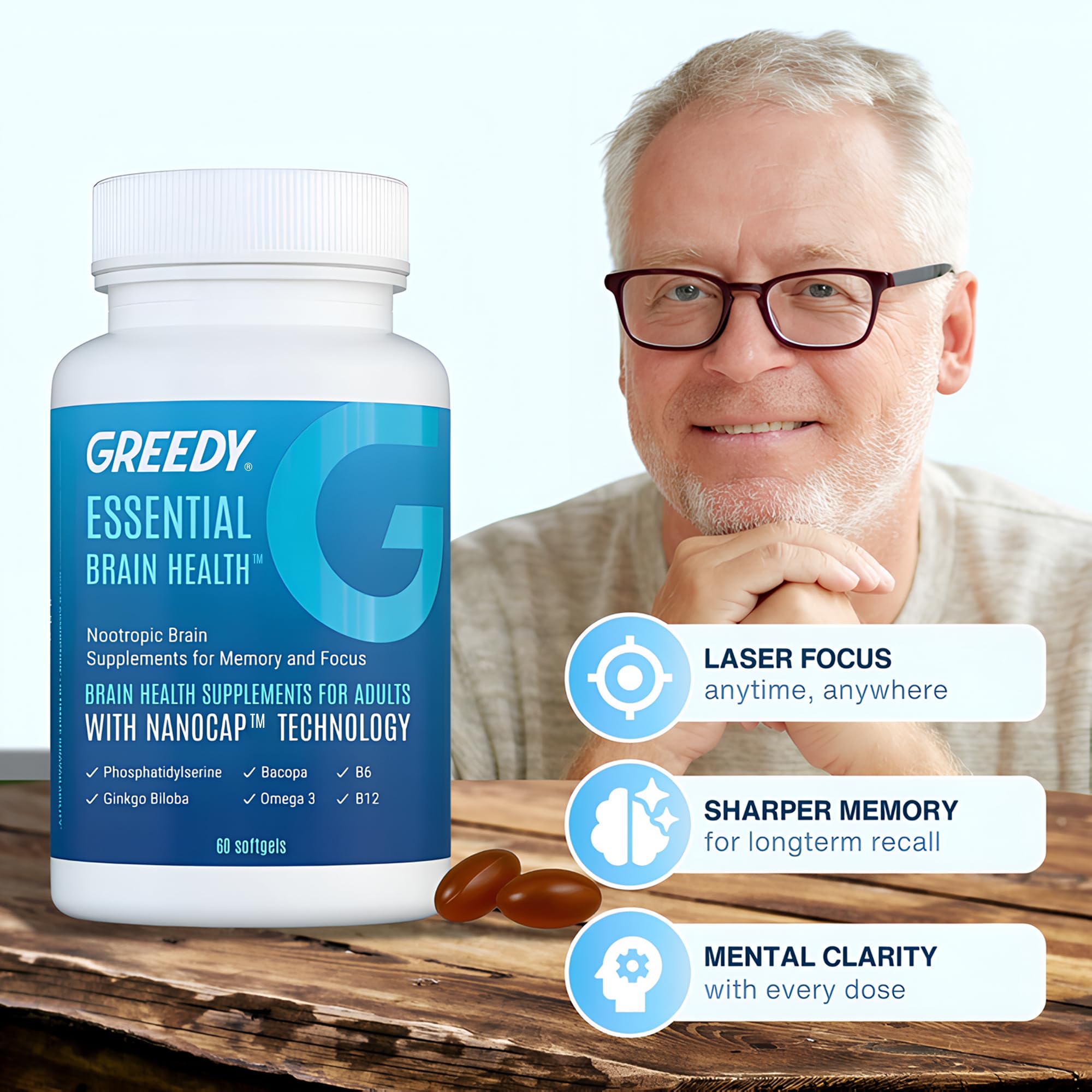 Essential Brain Health Supplements Nootropic for Memory and Focus – for Adults with NanoCap® Technology, Phosphatidylserine, Bacopa, Ginkgo Biloba, Omega 3, B6, B12, 60 Softgels by Greedy® Nutrition - TrustMedUSA