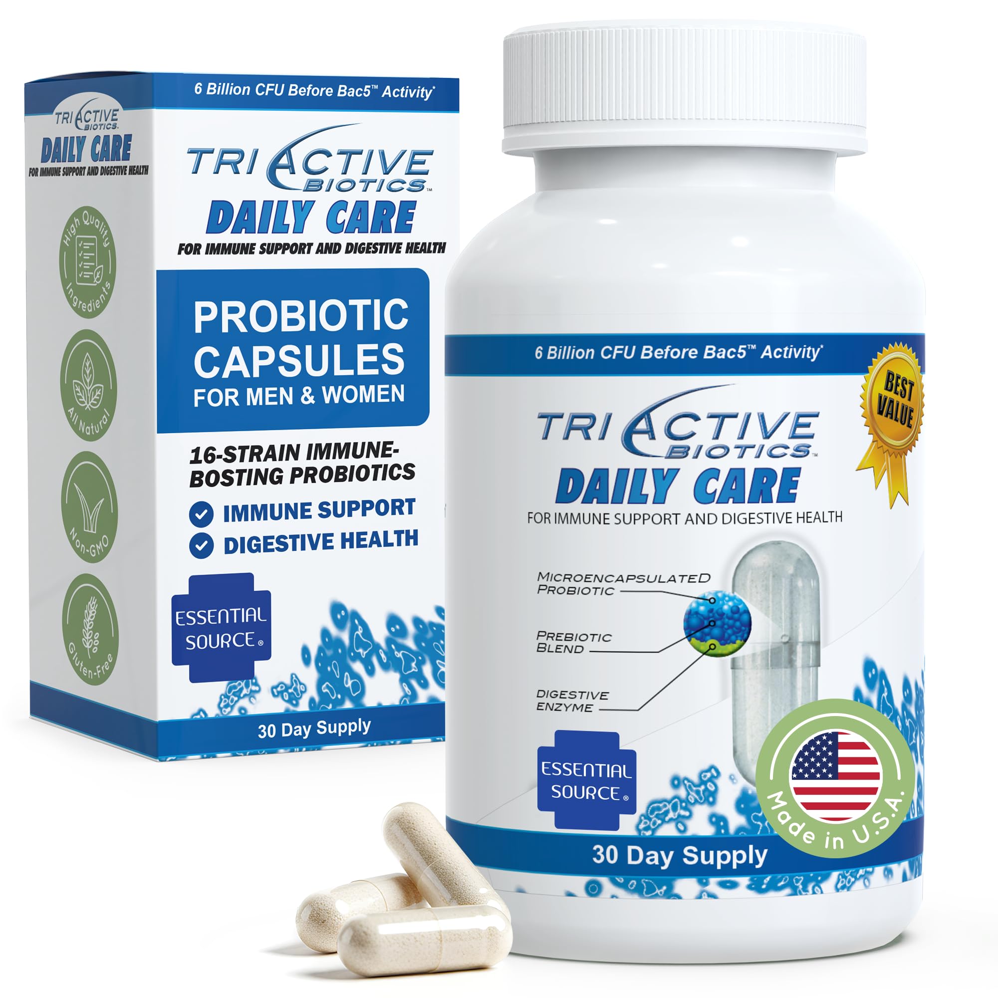 Essential Source TriActive Biotics Daily Care – Probiotics for Women and Men, 6 Billion CFU with Prebiotic Blend – Daily Digestive and Immune Support Gut Health Supplement – 30 Capsules - TrustMedUSA
