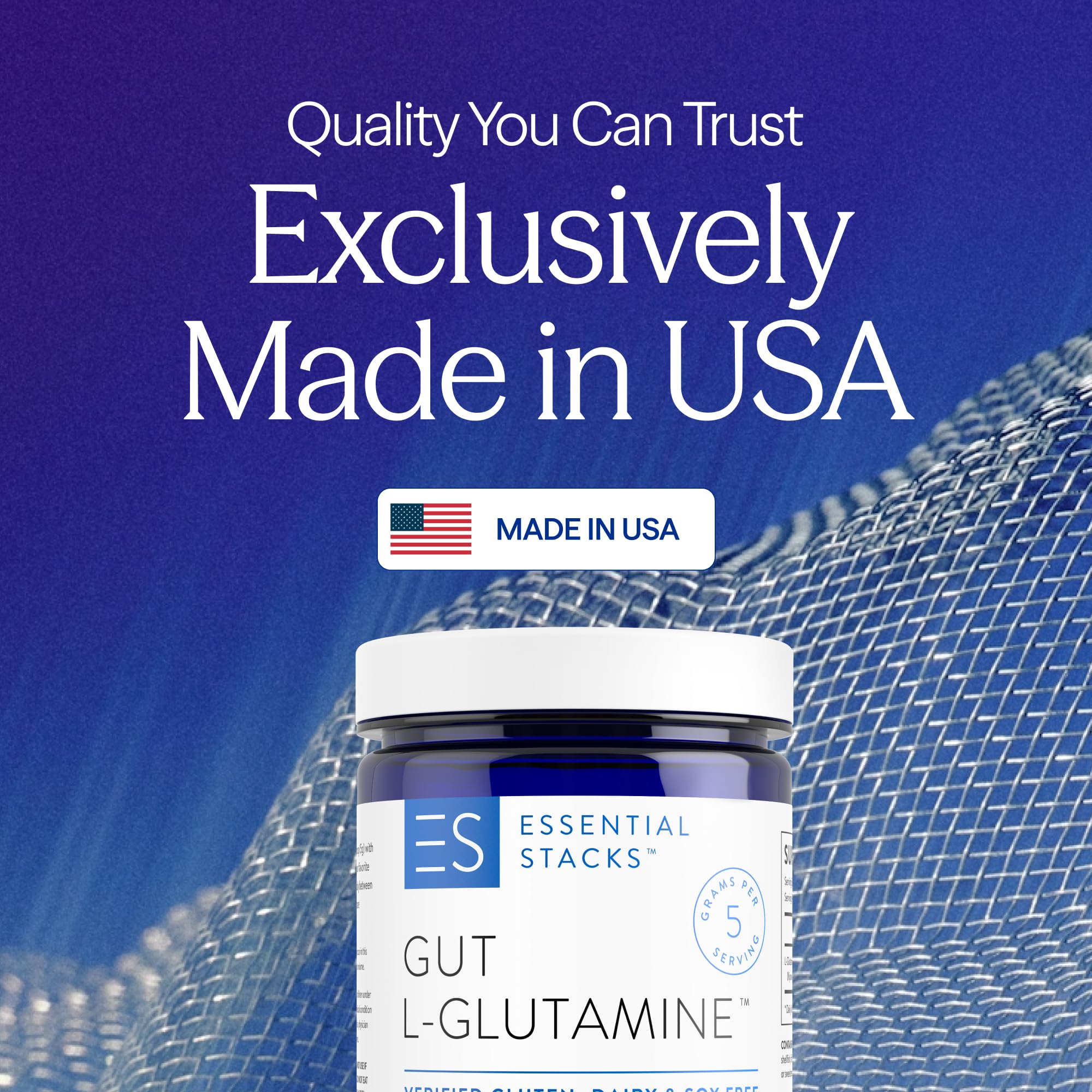 Essential Stacks Gut L-Glutamine Powder - Exclusively Made in USA - Pure L Glutamine Powder for Gut Health (60 Servings, Unflavored) - TrustMedUSA
