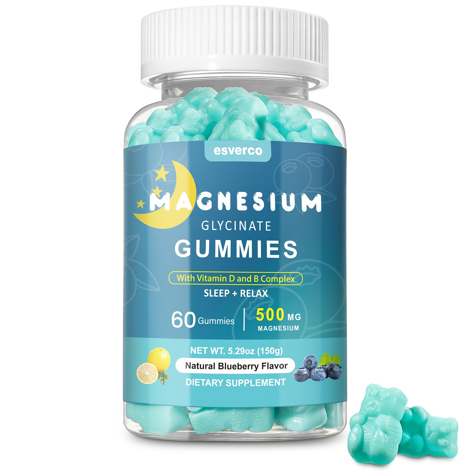 Esverco Magnesium Glycinate Gummies 500mg Sleep for Men & Women Vitamin C, Vegan Promotes Relaxation Muscle, Chewable Magnesium, No Melatonin, Non GMO, Natural Blueberry Flavor, 60 Count - TrustMedUSA