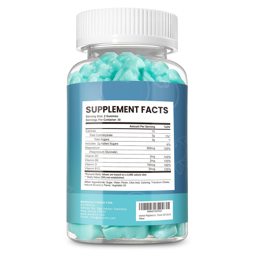 Esverco Magnesium Glycinate Gummies 500mg Sleep for Men & Women Vitamin C, Vegan Promotes Relaxation Muscle, Chewable Magnesium, No Melatonin, Non GMO, Natural Blueberry Flavor, 60 Count - TrustMedUSA