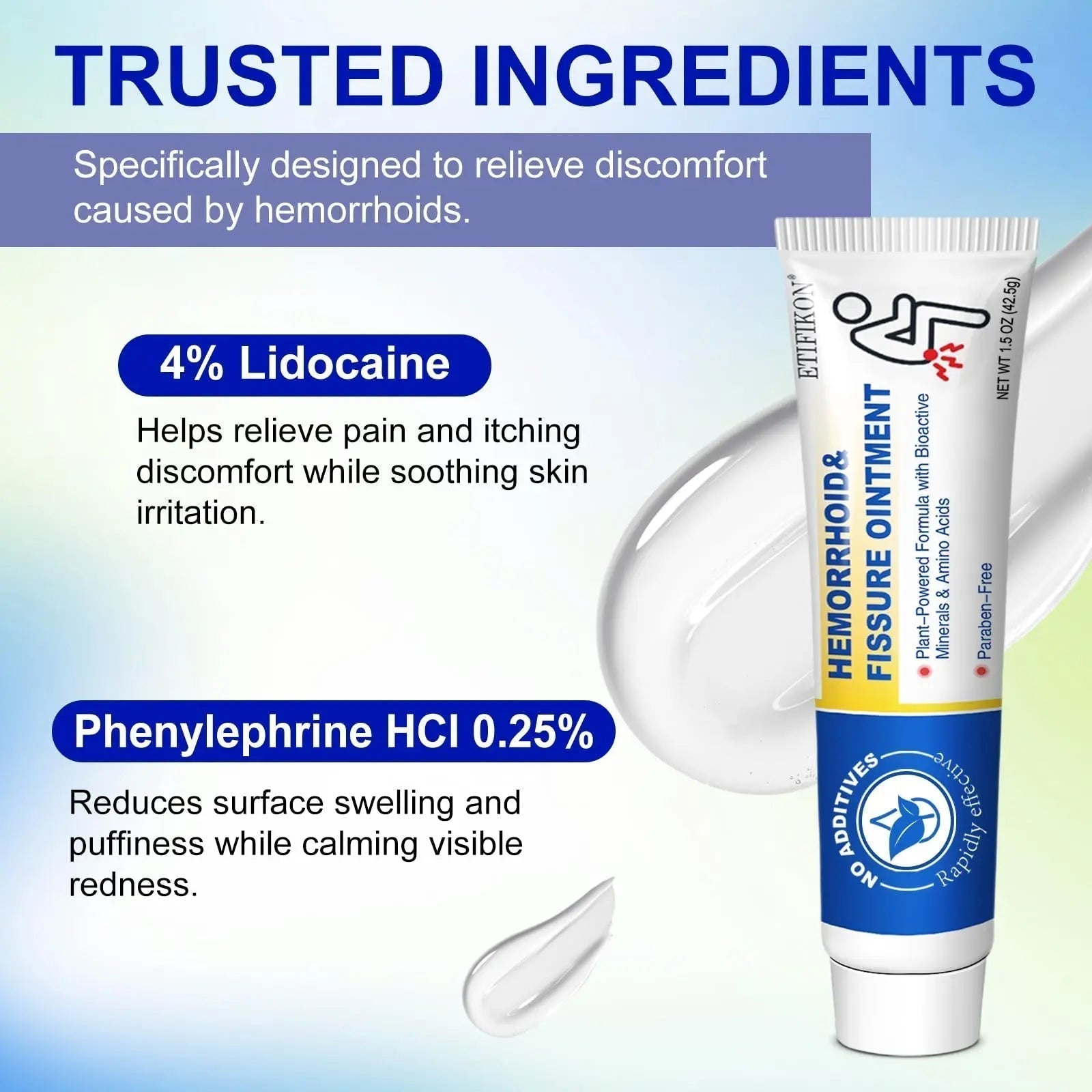 ETIFIKON Hemorrhoid & Fissure Ointment with 4% Lidocaine & Phenylephrine HCI – 42.5g Comforting Care Cream for Internal & External Areas – Helps Soothe Irritation & Support Daily Comfort (1 Pack) - TrustMedUSA