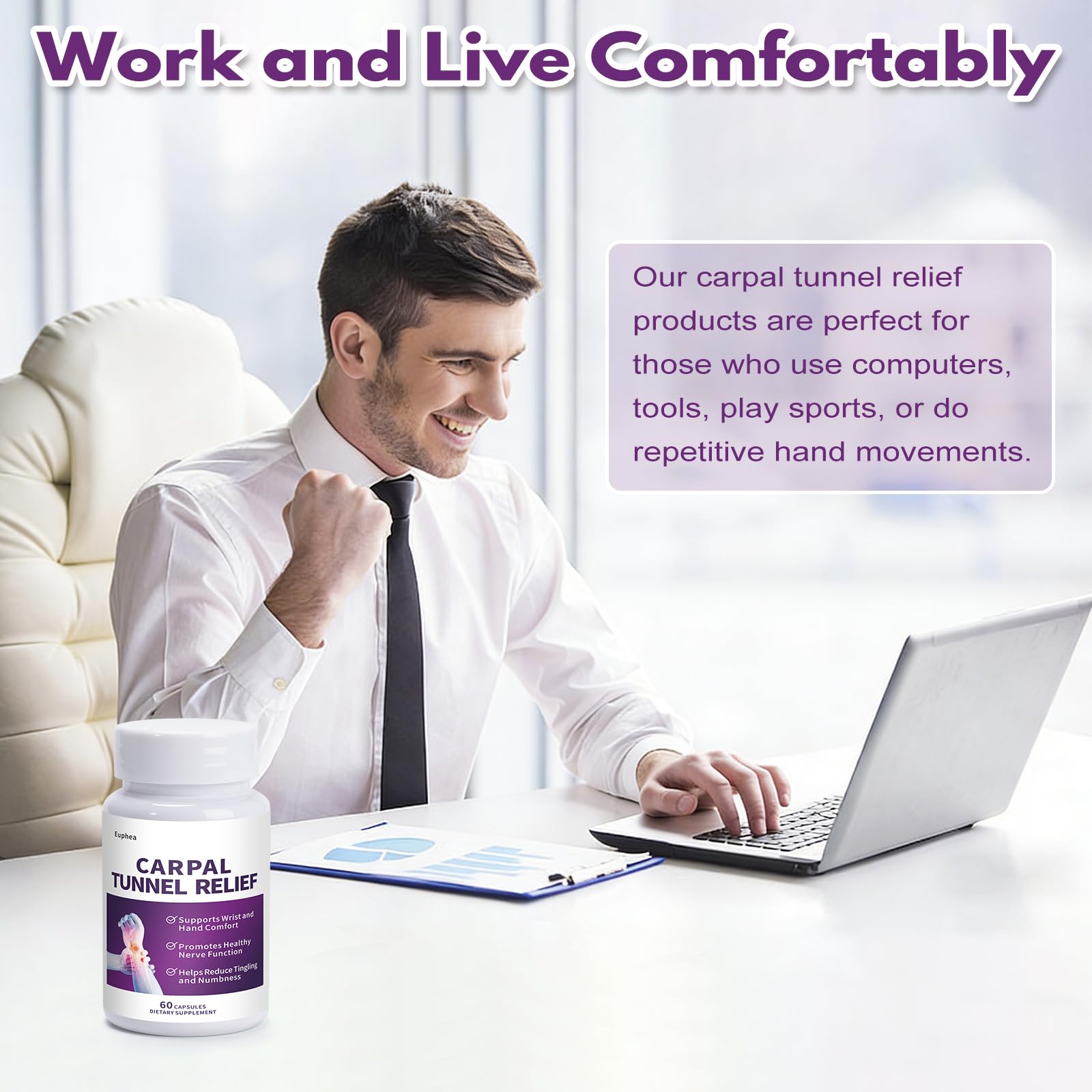 Euphea Carpal Tunnel Relief & Wrist Support Supplement, Helps Ease Tingling & Numbness,Vitamins B6, B12, C, D, K + GABA,60 Capsules - TrustMedUSA