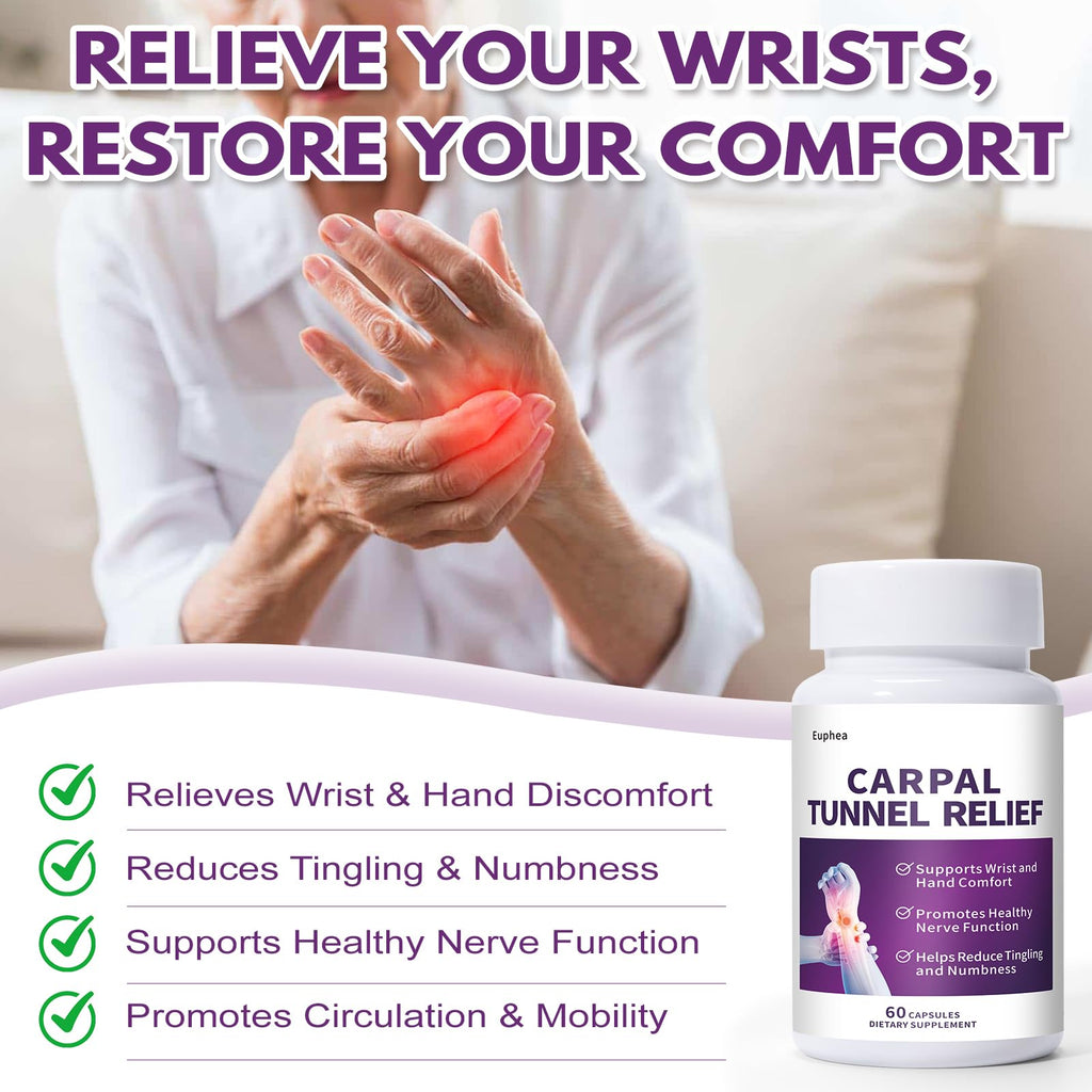Euphea Carpal Tunnel Relief & Wrist Support Supplement, Helps Ease Tingling & Numbness,Vitamins B6, B12, C, D, K + GABA,60 Capsules - TrustMedUSA