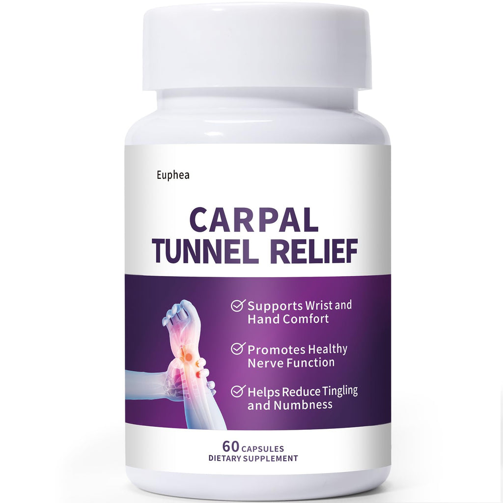 Euphea Carpal Tunnel Relief & Wrist Support Supplement, Helps Ease Tingling & Numbness,Vitamins B6, B12, C, D, K + GABA,60 Capsules - TrustMedUSA