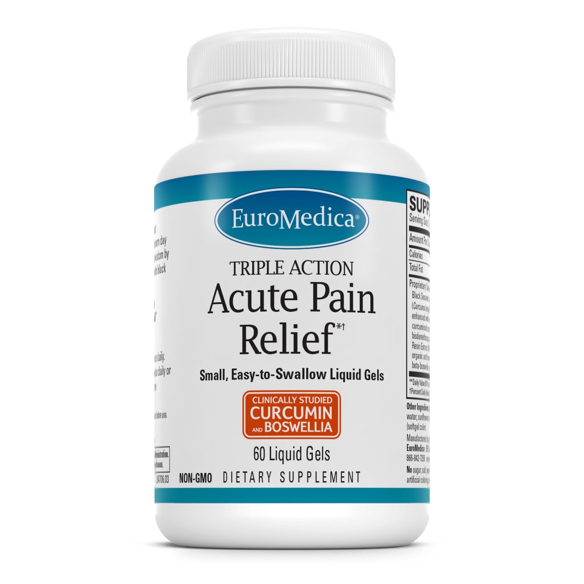 EuroMedica Acute Pain Relief - Dietary Supplement with BCM-95 Curcumin & BOS-10 Boswellia - Black Sesame Seed Oil Supplement to Support Relief of Occasional Discomfort - 60 Liquid Gels - TrustMedUSA