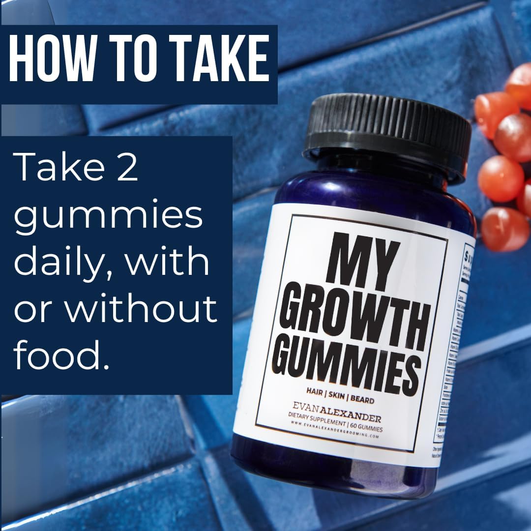 Evan Alexander Grooming My Growth Gummies | Healthy Hair & Beard Growth Support | Stronger Hair Follicles & Better Skin | Strawberry & Coconut Flavor | Vitamins C, D3, B6, B12 & Biotin | 60 Gummies - TrustMedUSA