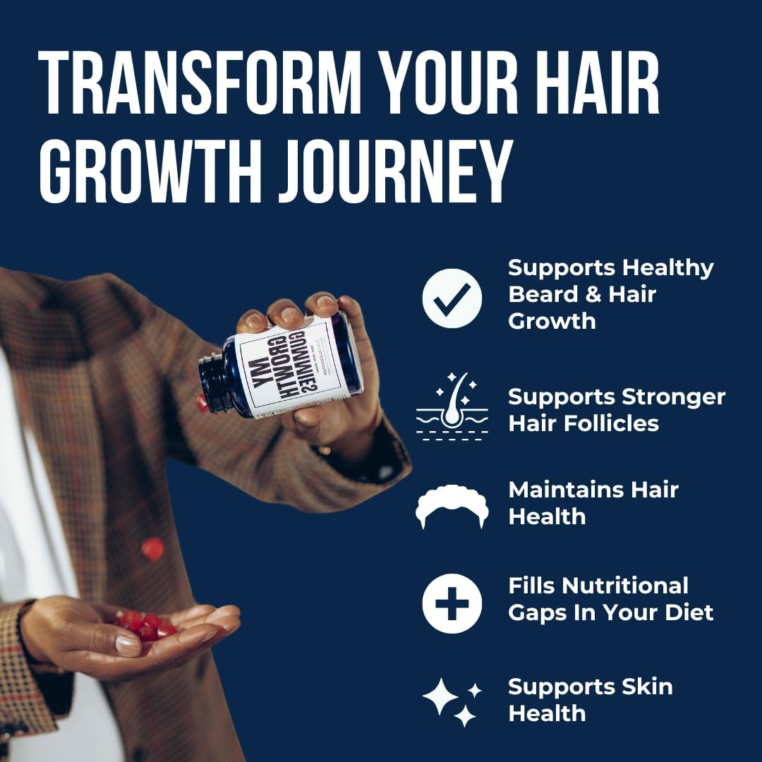 Evan Alexander Grooming My Growth Gummies | Healthy Hair & Beard Growth Support | Stronger Hair Follicles & Better Skin | Strawberry & Coconut Flavor | Vitamins C, D3, B6, B12 & Biotin | 60 Gummies - TrustMedUSA
