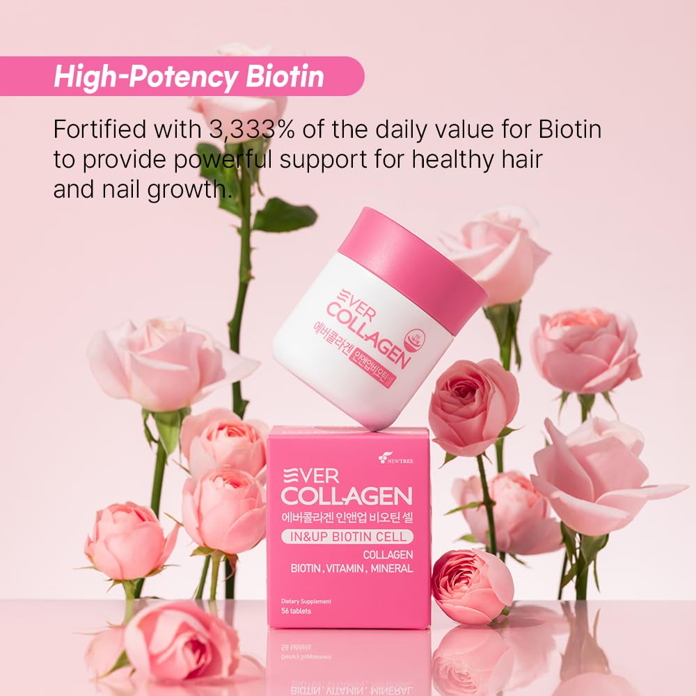 Ever Collagen in&UP Biotin Cell, Low Molecular Marine Fish Collagen Peptides Tablets with Vitamin Selenium Supplements - Healthy Skin, Hair, Nail for Women - Antioxidant Supplement - Maple Wellness Supplements