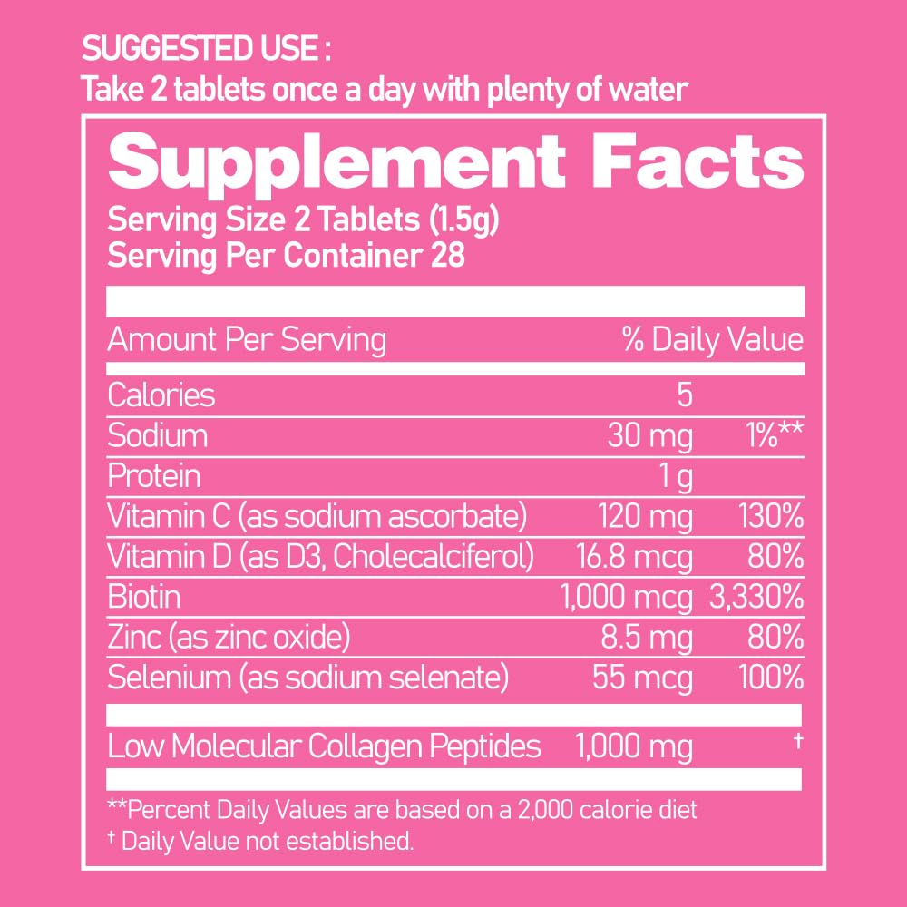 Ever Collagen in&UP Biotin Cell, Low Molecular Marine Fish Collagen Peptides Tablets with Vitamin Selenium Supplements - Healthy Skin, Hair, Nail for Women - Antioxidant Supplement - Maple Wellness Supplements