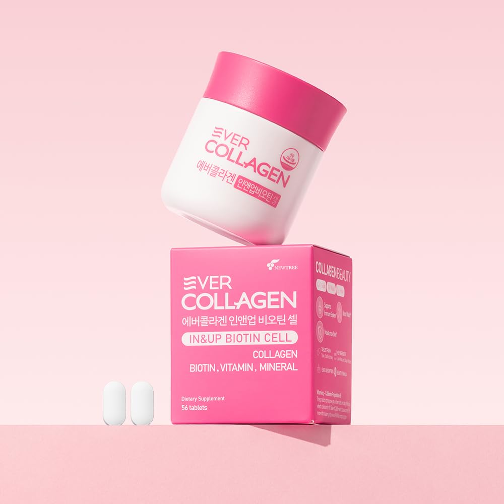 Ever Collagen in&UP Biotin Cell, Low Molecular Marine Fish Collagen Peptides Tablets with Vitamin Selenium Supplements - Healthy Skin, Hair, Nail for Women - Antioxidant Supplement - Maple Wellness Supplements
