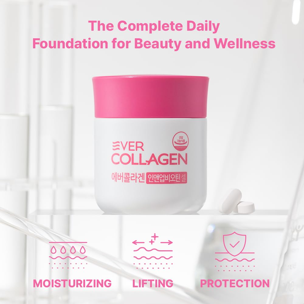 Ever Collagen in&UP Biotin Cell, Low Molecular Marine Fish Collagen Peptides Tablets with Vitamin Selenium Supplements - Healthy Skin, Hair, Nail for Women - Antioxidant Supplement - Maple Wellness Supplements