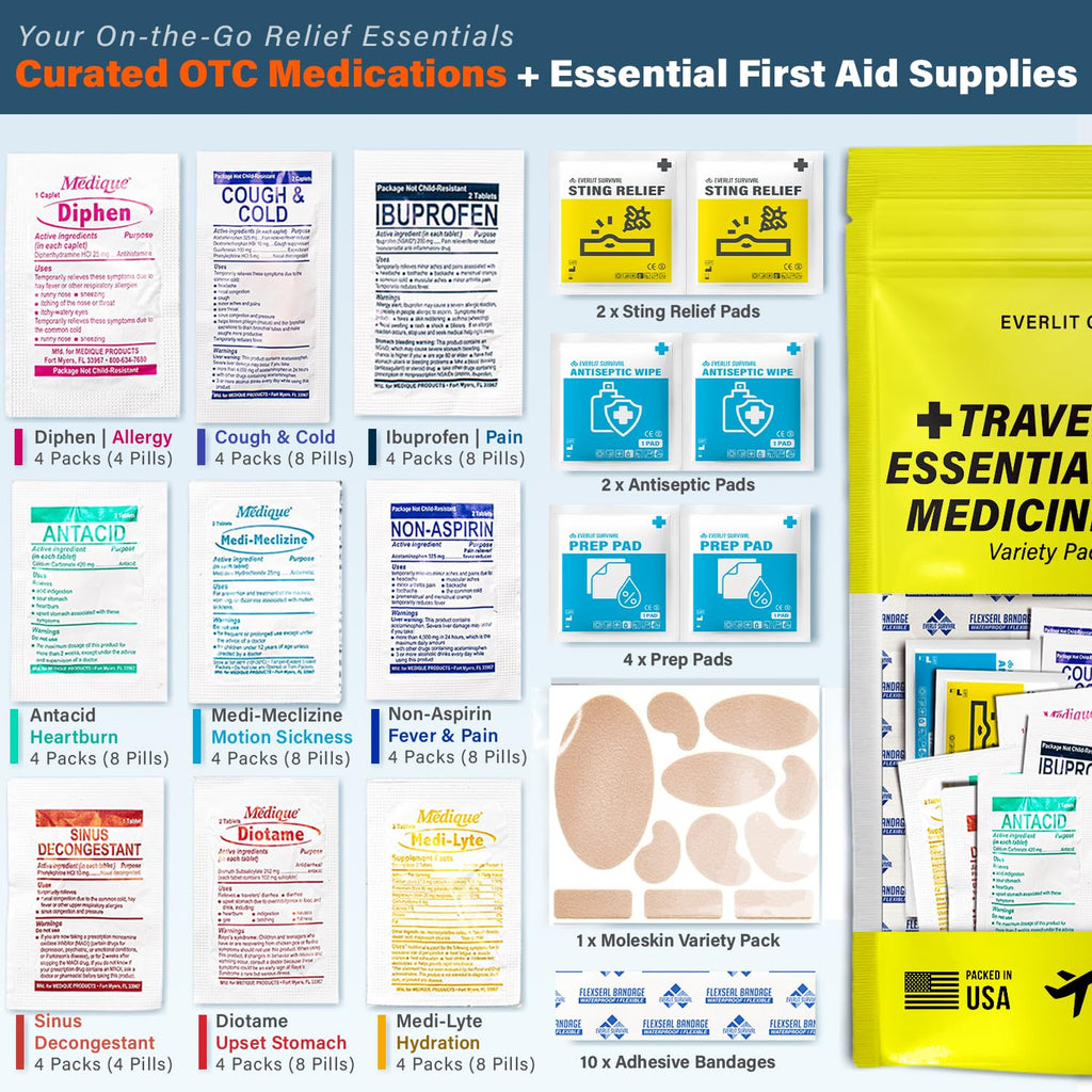 EVERLIT CARE Travel Essential Medicine First Aid Kit I Bonus Medical Supplies I TSA Compliant Mini Size Medkit for Traveling Camping Trips Individually Packed 64 Tablets (Refill Pack) - Maple Wellness Supplements