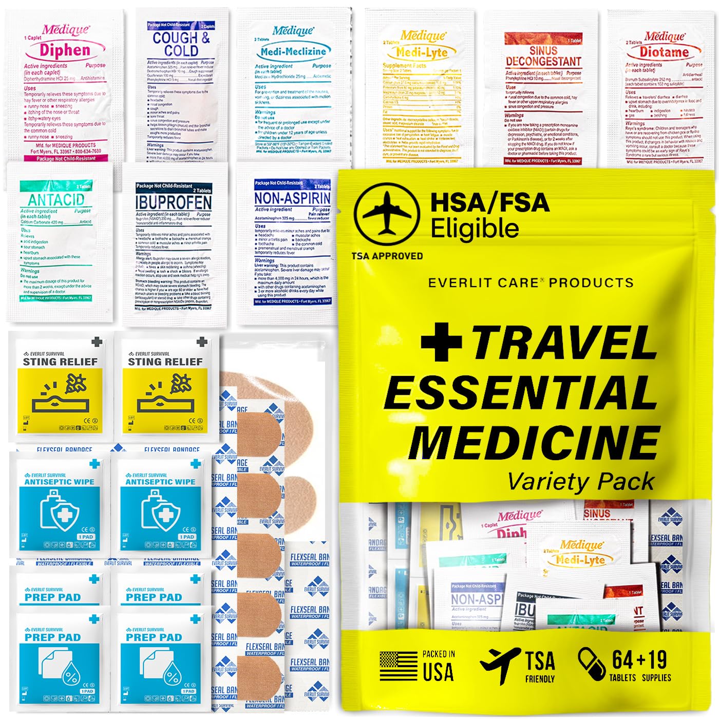 EVERLIT CARE Travel Essential Medicine First Aid Kit I Bonus Medical Supplies I TSA Compliant Mini Size Medkit for Traveling Camping Trips Individually Packed 64 Tablets (Refill Pack) - Maple Wellness Supplements