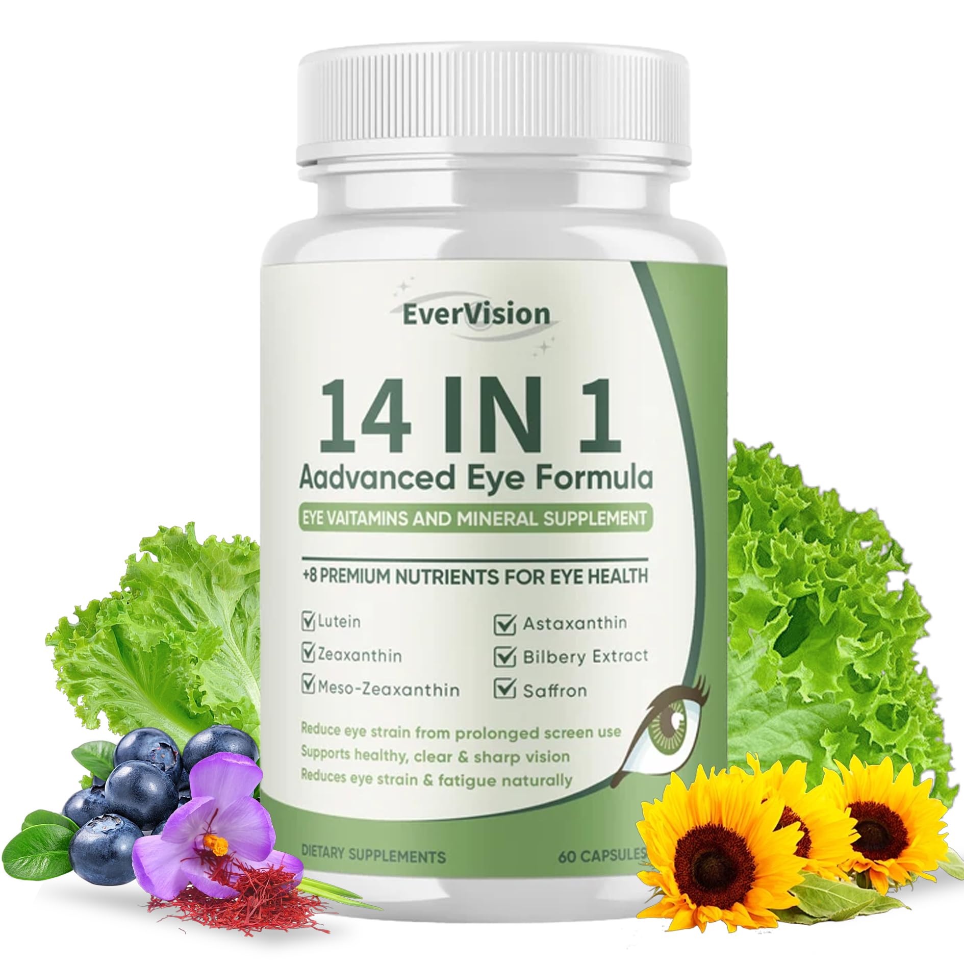 EVERVISION 14 in 1 Advanced Eye Formula, Eye Vitamin and Mineral Supplement with Zinc, Lutein, Zeaxanthin & Bilberry Extract, 60ct - TrustMedUSA