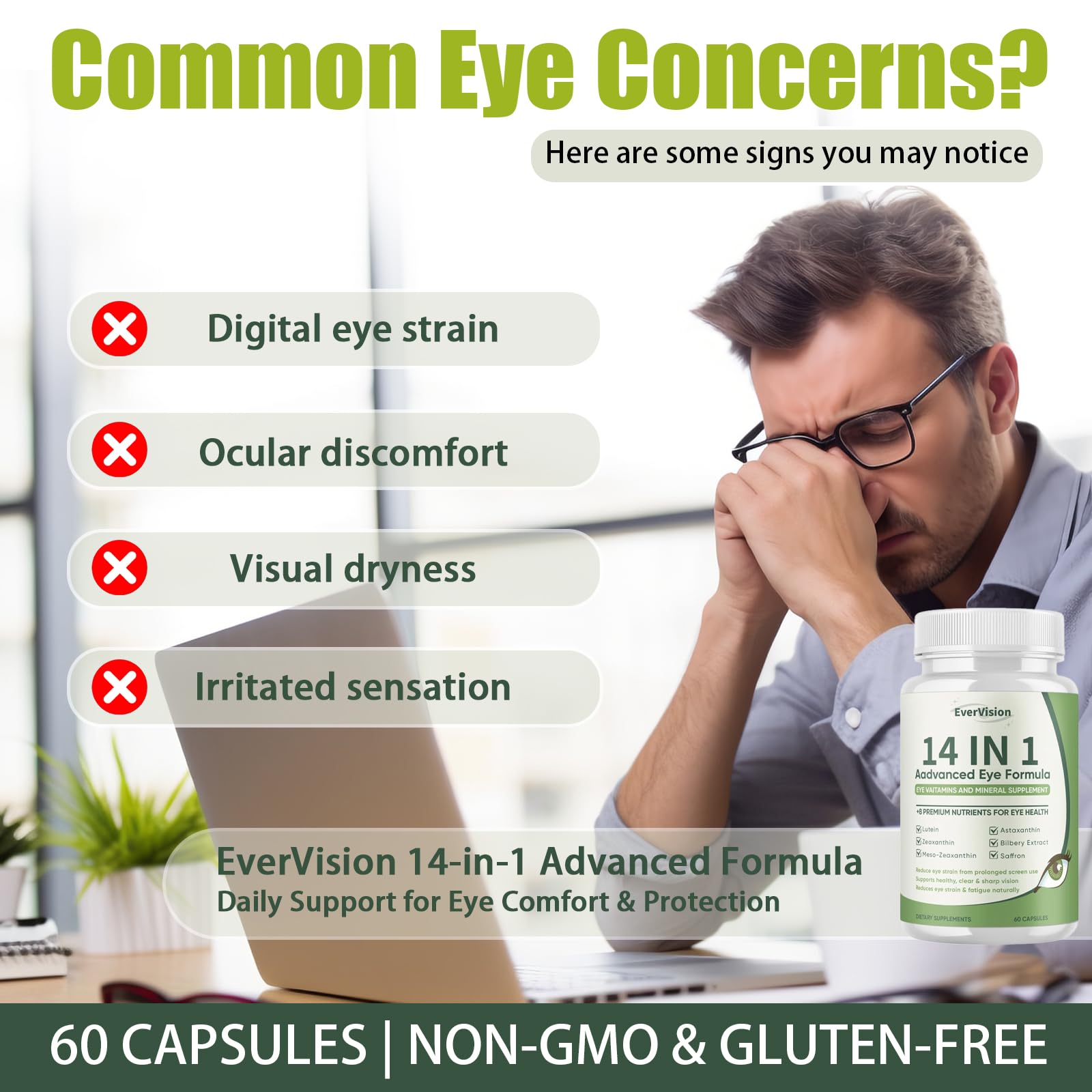 EVERVISION 14 in 1 Advanced Eye Formula, Eye Vitamin and Mineral Supplement with Zinc, Lutein, Zeaxanthin & Bilberry Extract, 60ct - TrustMedUSA