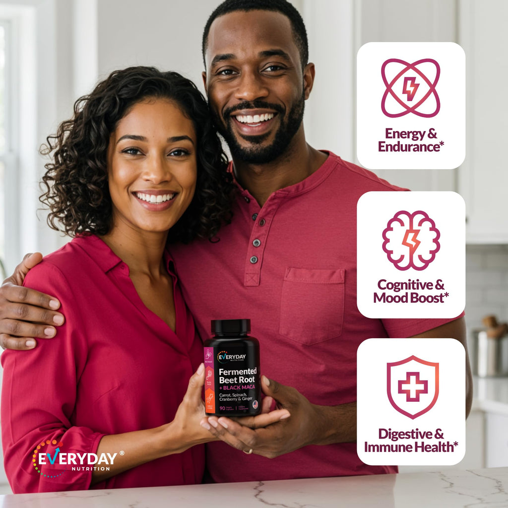 EVERYDAY NUTRITION Organic Fermented Beet Root & Black Maca Capsules with Carrot, Spinach, Cranberry & Ginger | Superfood for Energy, Stamina & Wellness | 90 Veggie Capsules | Made in USA - TrustMedUSA