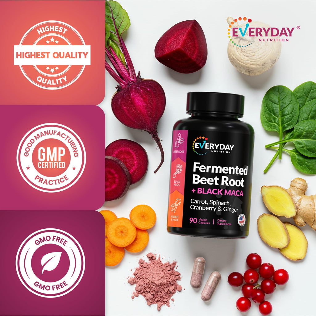 EVERYDAY NUTRITION Organic Fermented Beet Root & Black Maca Capsules with Carrot, Spinach, Cranberry & Ginger | Superfood for Energy, Stamina & Wellness | 90 Veggie Capsules | Made in USA - TrustMedUSA