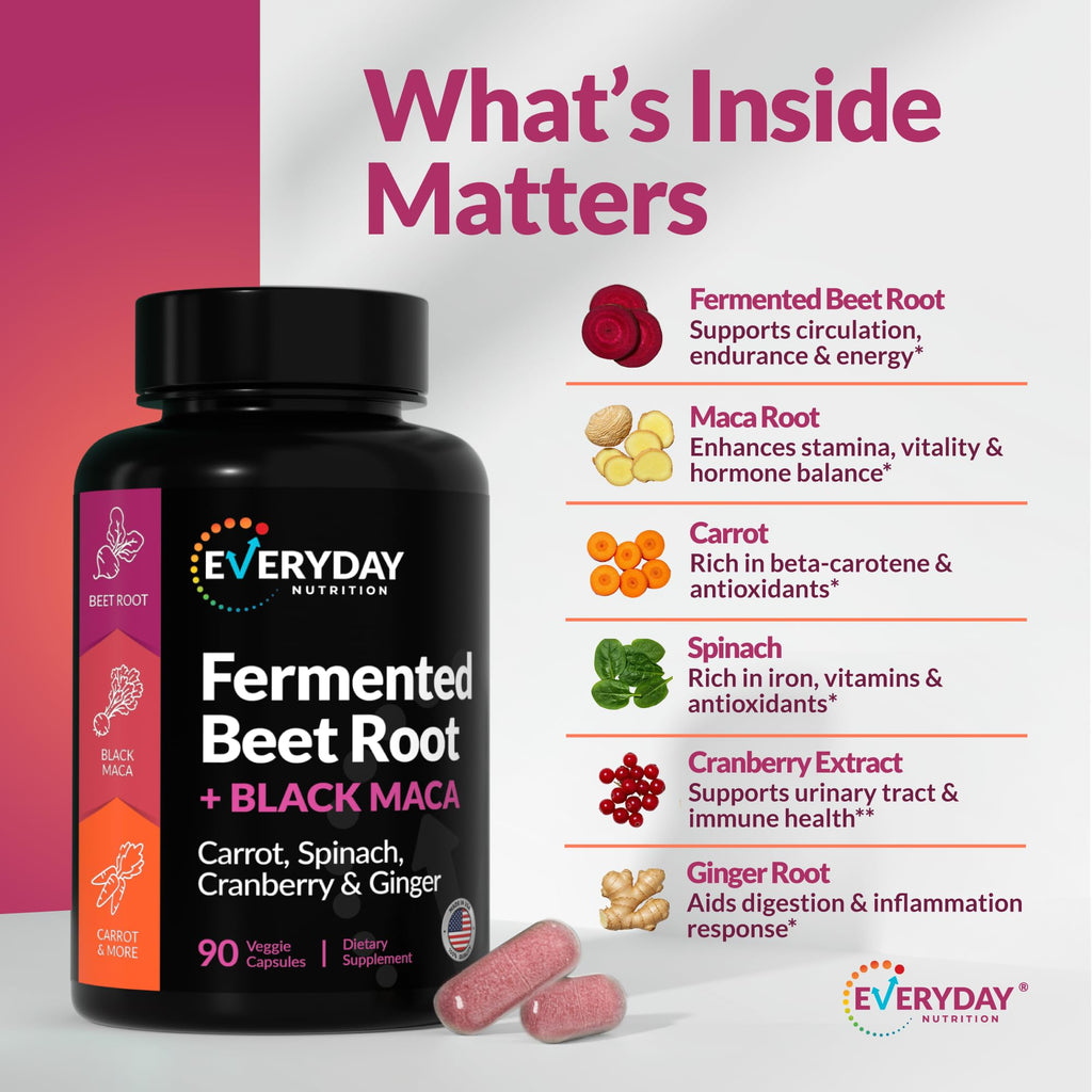 EVERYDAY NUTRITION Organic Fermented Beet Root & Black Maca Capsules with Carrot, Spinach, Cranberry & Ginger | Superfood for Energy, Stamina & Wellness | 90 Veggie Capsules | Made in USA - TrustMedUSA