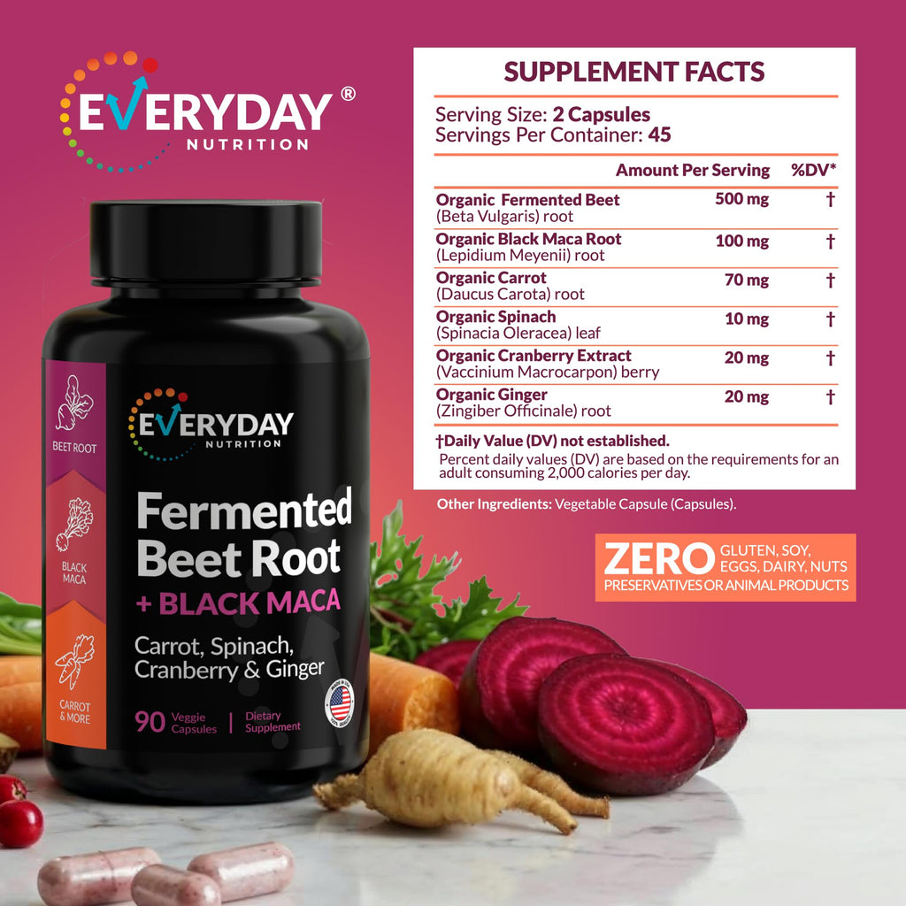 EVERYDAY NUTRITION Organic Fermented Beet Root & Black Maca Capsules with Carrot, Spinach, Cranberry & Ginger | Superfood for Energy, Stamina & Wellness | 90 Veggie Capsules | Made in USA - TrustMedUSA