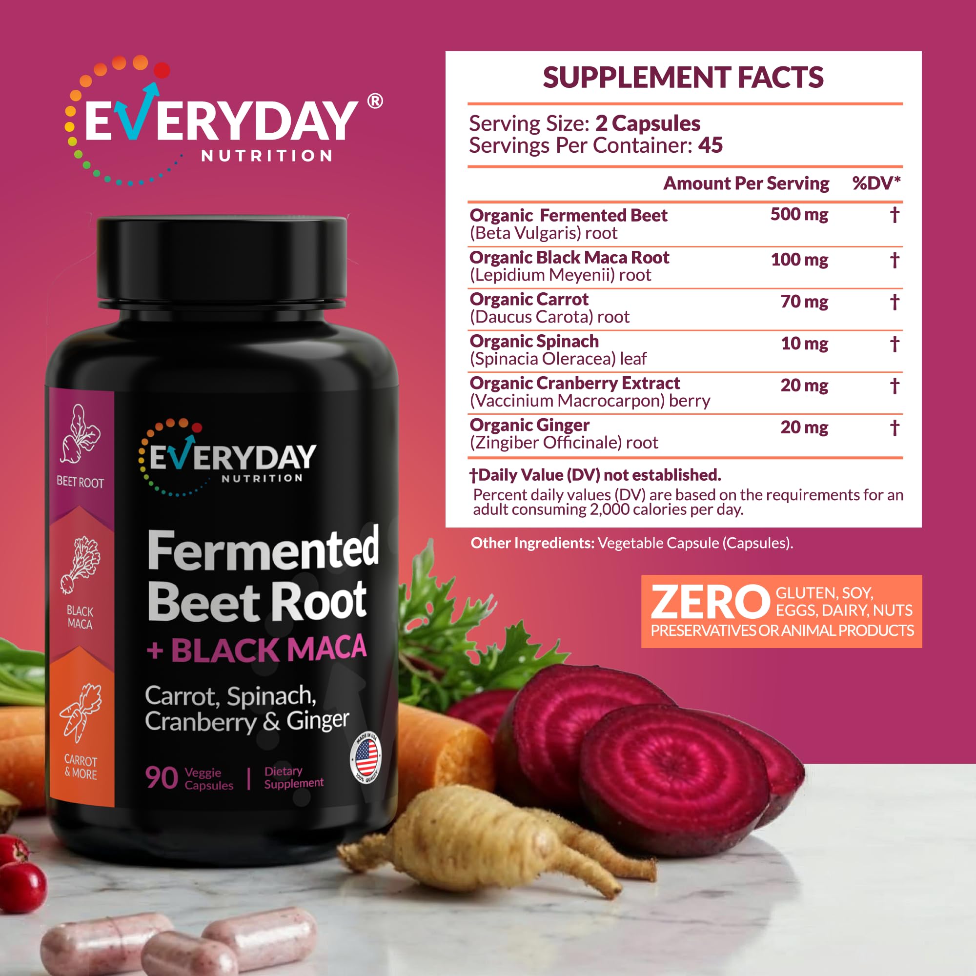 EVERYDAY NUTRITION Organic Fermented Beet Root & Black Maca Capsules with Carrot, Spinach, Cranberry & Ginger | Superfood for Energy, Stamina & Wellness | 90 Veggie Capsules | Made in USA - TrustMedUSA