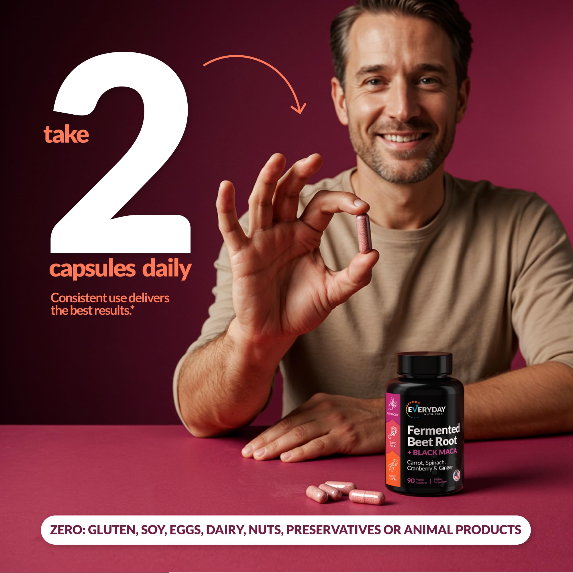 EVERYDAY NUTRITION Organic Fermented Beet Root & Black Maca Capsules with Carrot, Spinach, Cranberry & Ginger | Superfood for Energy, Stamina & Wellness | 90 Veggie Capsules | Made in USA - TrustMedUSA