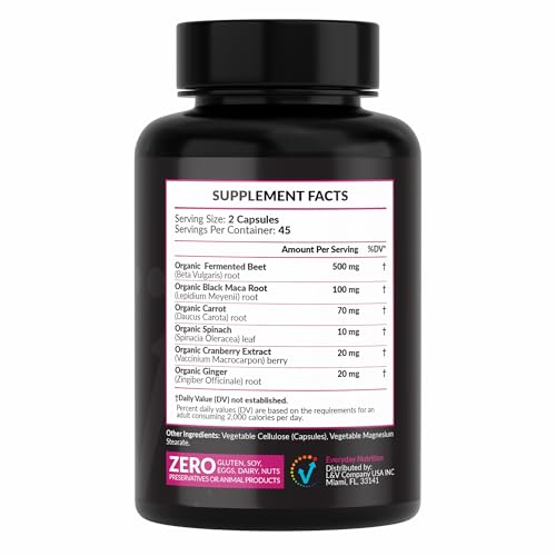 EVERYDAY NUTRITION Organic Fermented Beet Root & Black Maca Capsules with Carrot, Spinach, Cranberry & Ginger | Superfood for Energy, Stamina & Wellness | 90 Veggie Capsules | Made in USA - TrustMedUSA