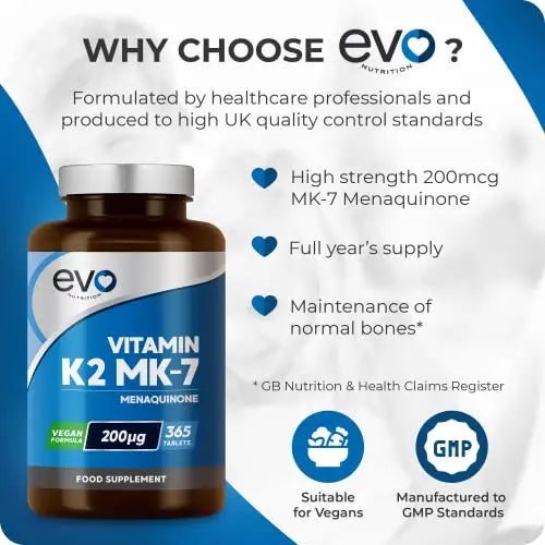EVO NUTRITION Vitamin K2 MK-7 200mcg | 365 Vegetarian and Vegan Tablets - TrustMedUSA
