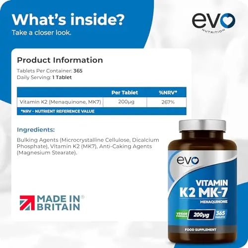 EVO NUTRITION Vitamin K2 MK-7 200mcg | 365 Vegetarian and Vegan Tablets - TrustMedUSA