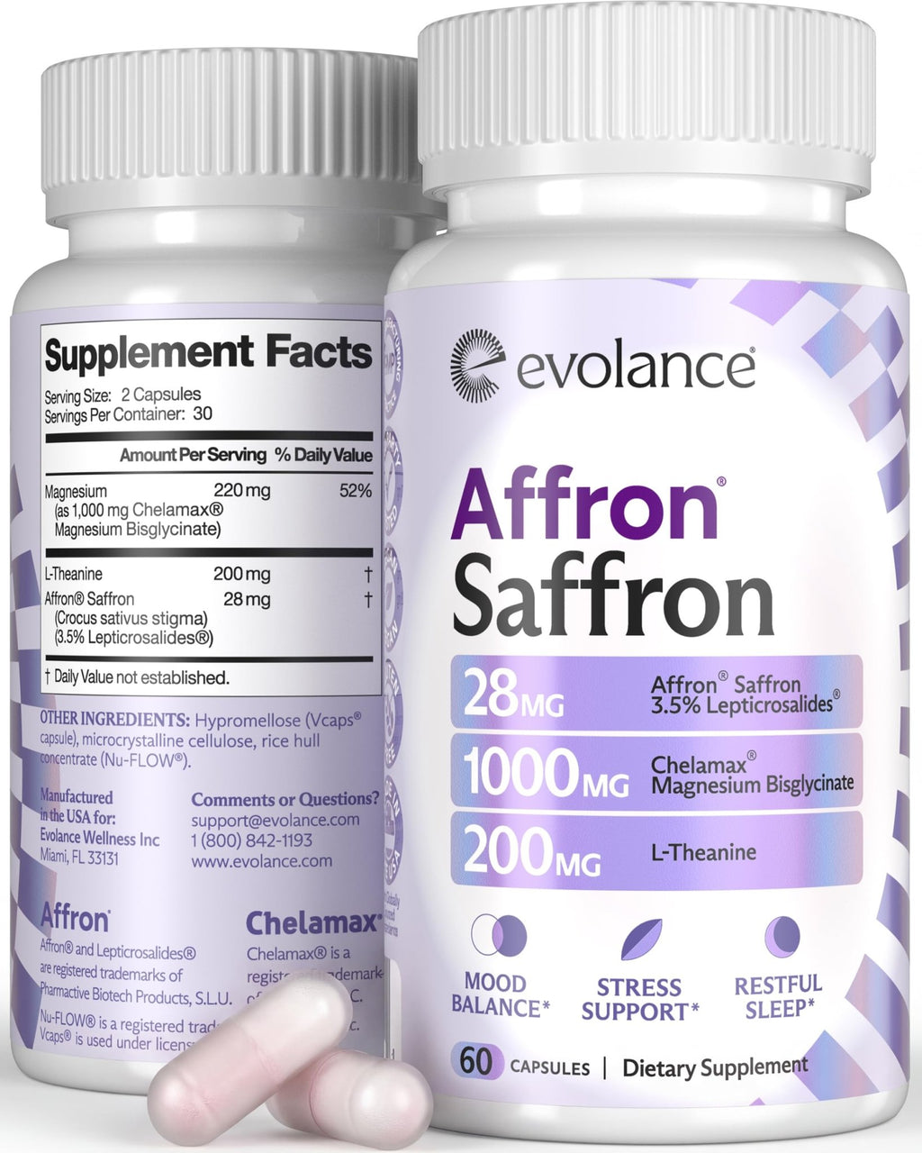 Evolance Saffron Supplements Extract for Stress & Mood Support – Affron 28mg, Magnesium Glycinate 1000mg, L-Theanine 200mg – High Absorption, Sleep & Focus Support, Melatonin-Free, 60 Veggie Capsules - TrustMedUSA