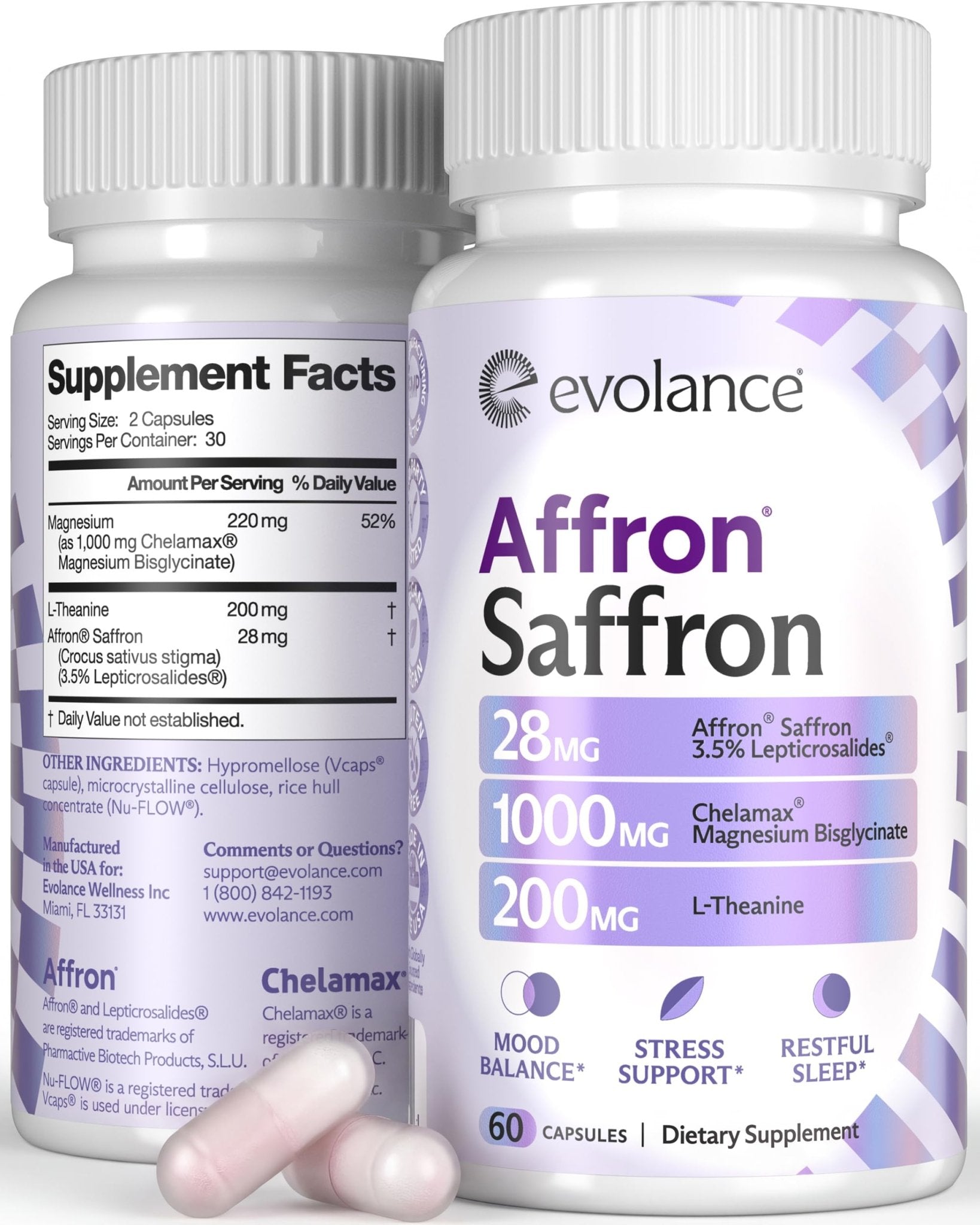 Evolance Saffron Supplements Extract for Stress & Mood Support – Affron 28mg, Magnesium Glycinate 1000mg, L-Theanine 200mg – High Absorption, Sleep & Focus Support, Melatonin-Free, 60 Veggie Capsules - TrustMedUSA