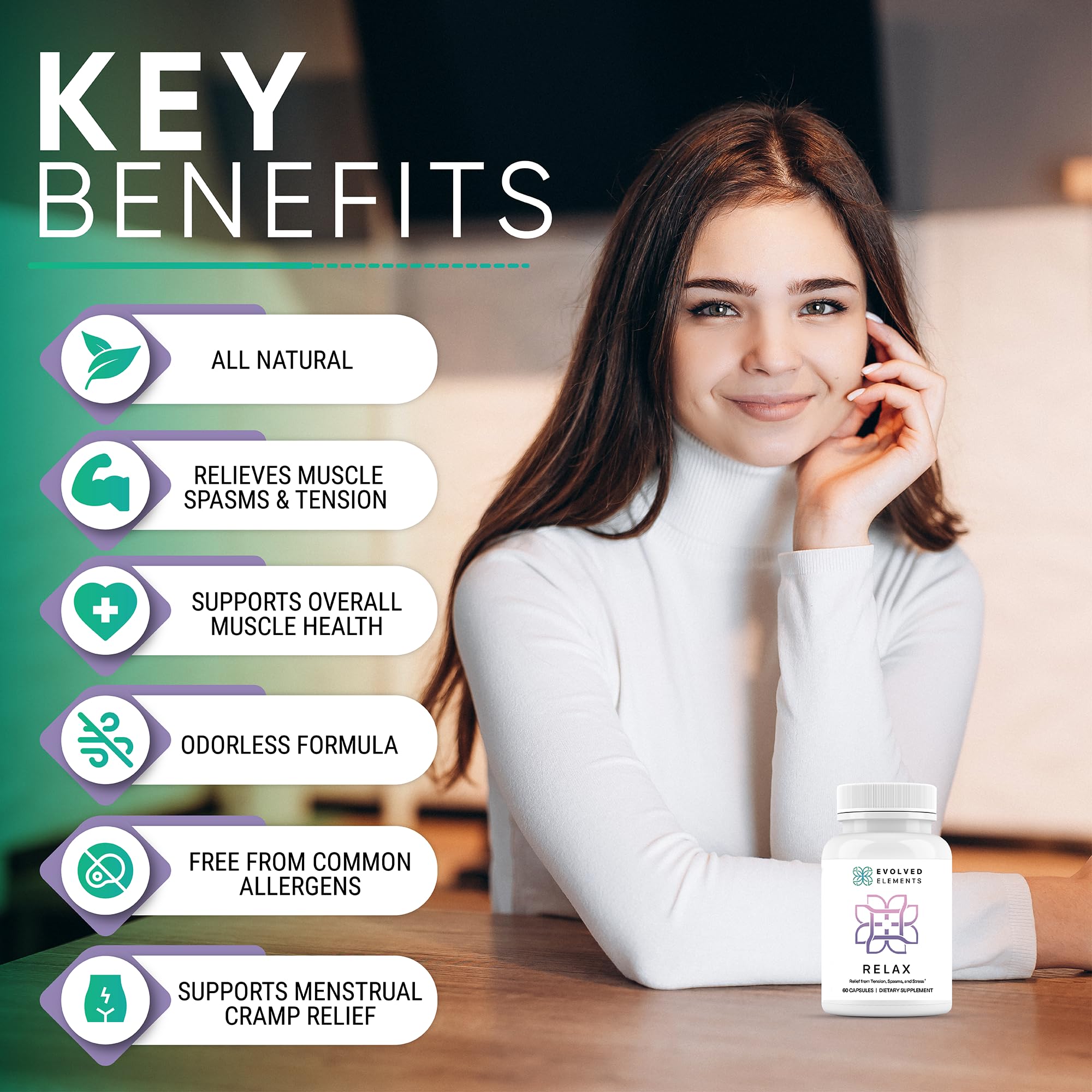 Evolved Elements All-Natural Muscle Relaxer | 60 Capsules | Spasm Relief with Magnesium, Passion Flower, and Valerian Root | Relieves Muscle Spasms, Tension, and Promotes Calmness - TrustMedUSA