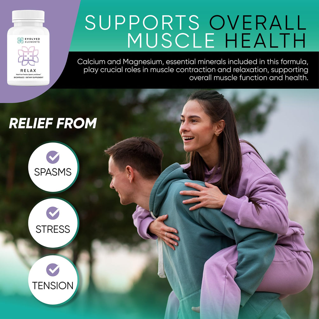 Evolved Elements All-Natural Muscle Relaxer | 60 Capsules | Spasm Relief with Magnesium, Passion Flower, and Valerian Root | Relieves Muscle Spasms, Tension, and Promotes Calmness - TrustMedUSA