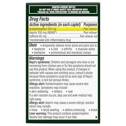 Excedrin Extra Strength Caplets for Headache Pain Relief, Acetaminophen 250mg, Aspirin 250mg, Caffeine 65mg, Pain Reliever, 24 count - TrustMedUSA