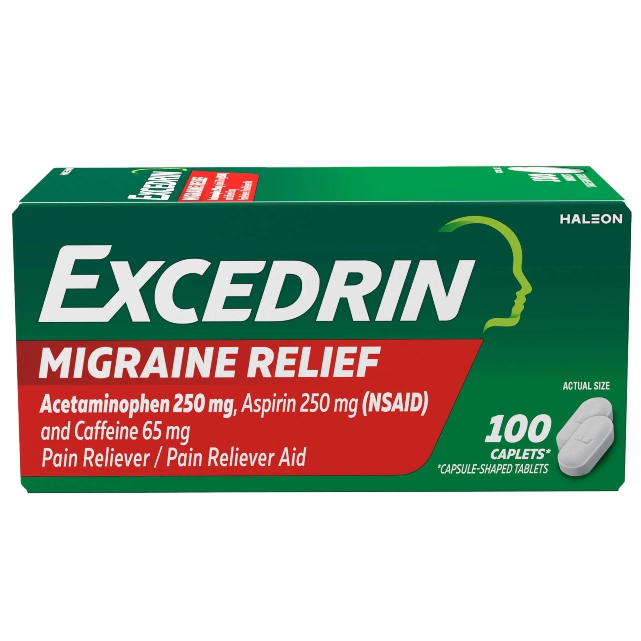 Excedrin Migraine Relief Caplets for Migraine Symptoms, Acetaminophen 250mg, Aspirin 250mg, Caffeine 65mg, Pain Reliever, 100 Count - TrustMedUSA