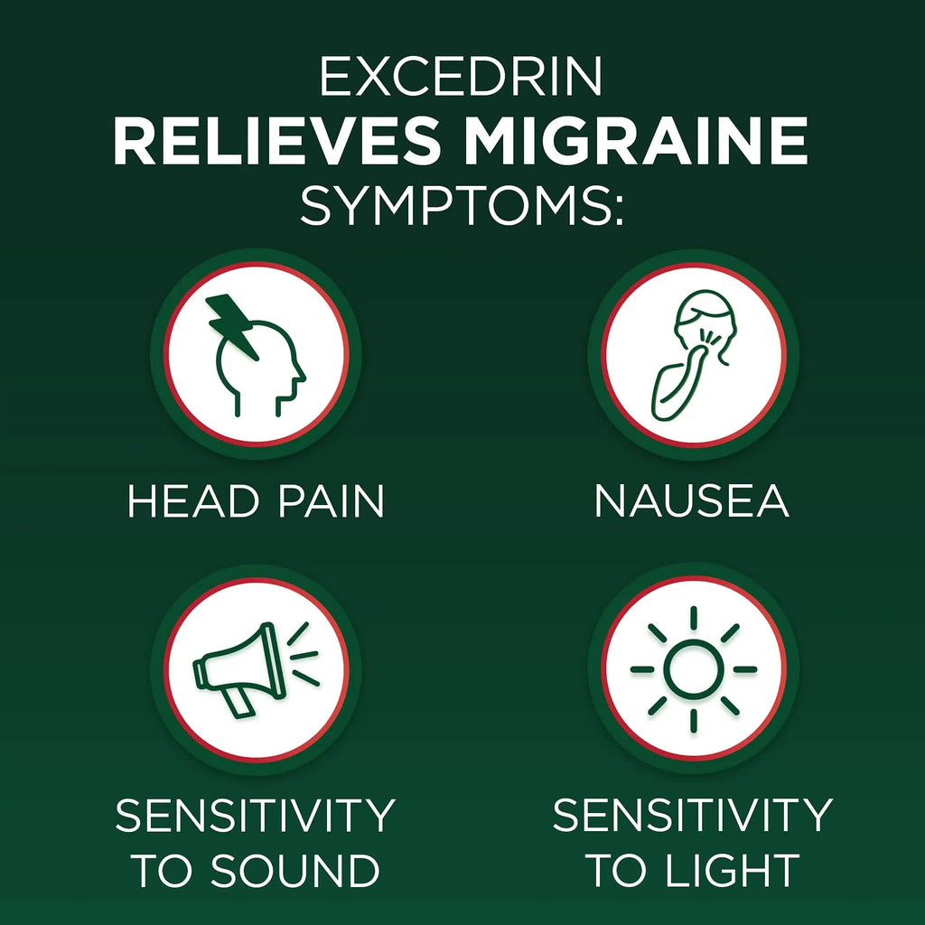 Excedrin Migraine Relief Caplets for Migraine Symptoms, Acetaminophen 250mg, Aspirin 250mg, Caffeine 65mg, Pain Reliever, 100 Count - TrustMedUSA