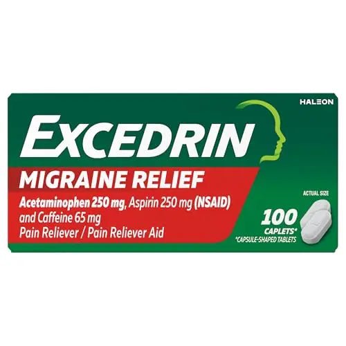 Excedrin Migraine Relief Caplets for Migraine Symptoms, Acetaminophen 250mg, Aspirin 250mg, Caffeine 65mg, Pain Reliever, 100 Count - TrustMedUSA
