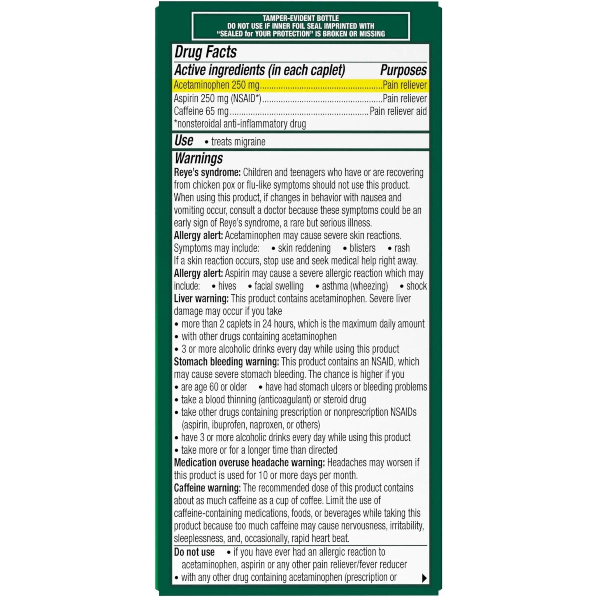 Excedrin Migraine Relief Caplets for Migraine Symptoms, Acetaminophen 250mg, Aspirin 250mg, Caffeine 65mg, Pain Reliever, 100 Count - TrustMedUSA