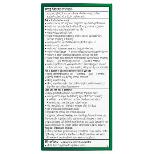 Excedrin Migraine Relief Caplets for Migraine Symptoms, Acetaminophen 250mg, Aspirin 250mg, Caffeine 65mg, Pain Reliever, 100 Count - TrustMedUSA