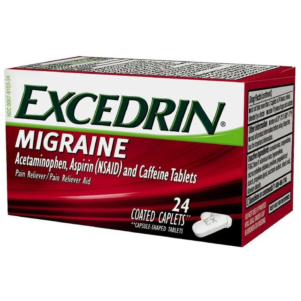 Excedrin Migraine Relief Caplets for Migraine Symptoms, Acetaminophen 250mg, Aspirin 250mg, Caffeine 65mg, Pain Reliever, 24 Count - TrustMedUSA